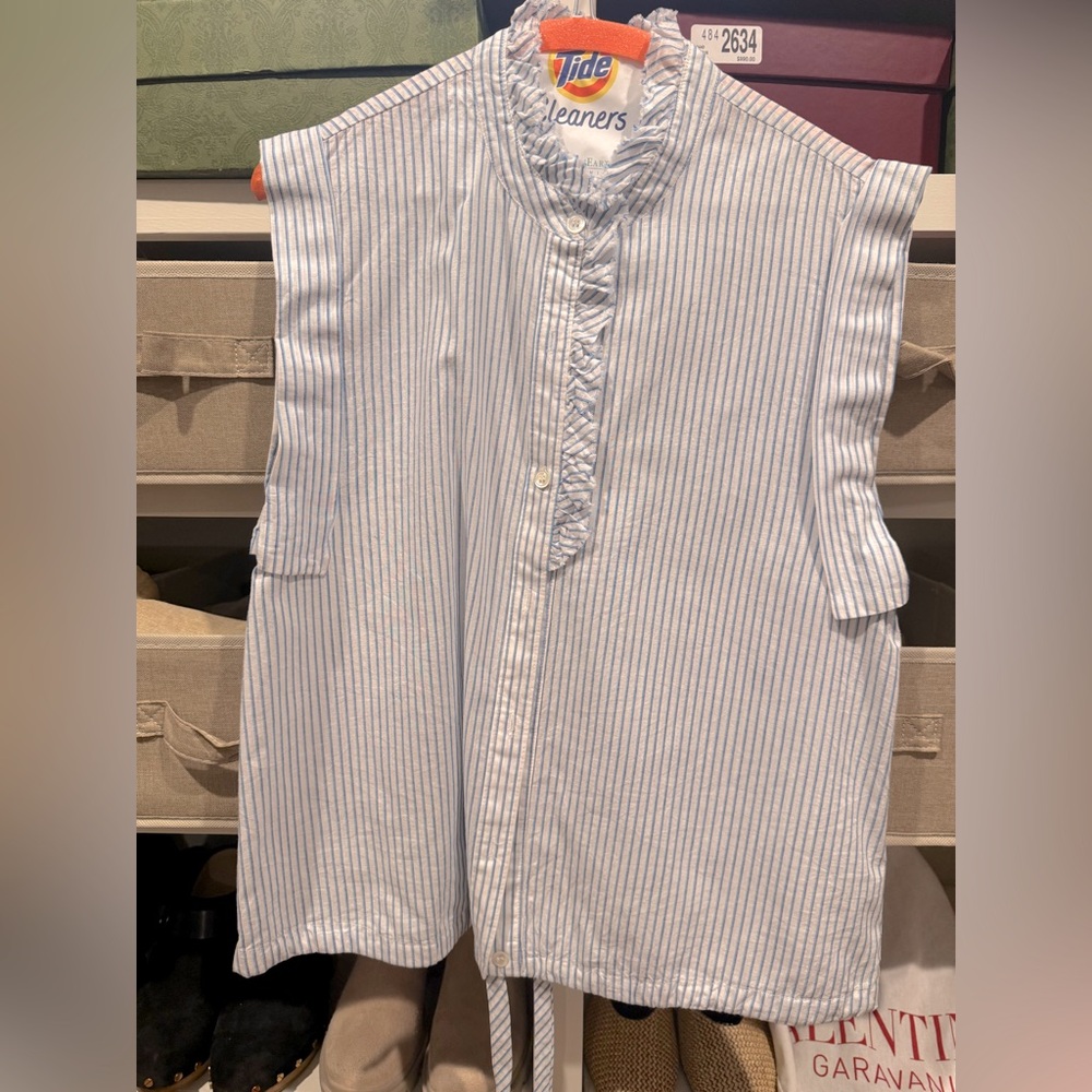 Blue and White Striped Sleeveless Blouse